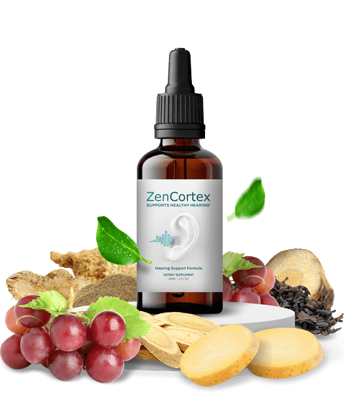 ZenCortex hearing support liquid drops bottle surrounded by fresh green leaves and botanicals